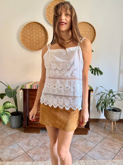 1970's vintage white crocheted and embroidered floral cotton top