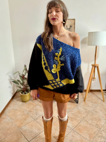 1980’s vintage blue, black and citron textured metallic pullover