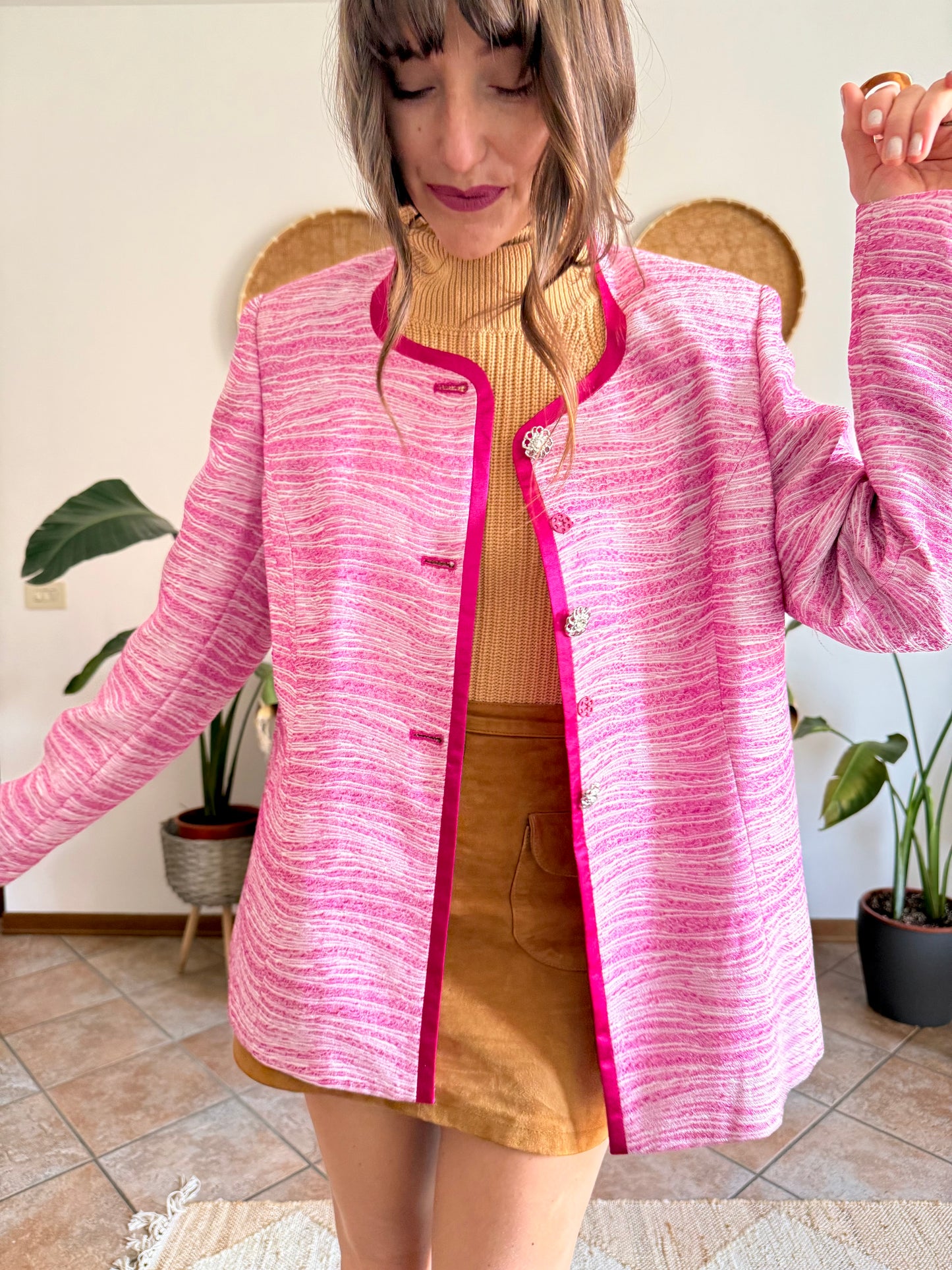 1980’s vintage fuchsia and cream textured woven jacket with rhinestones stone buttons
