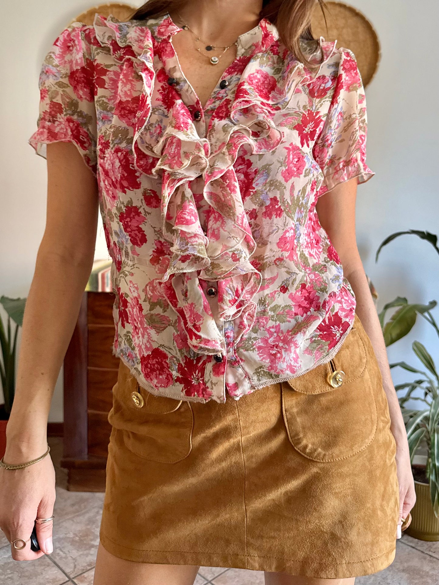 Y2K vintage pink floral ruffle silk blouse