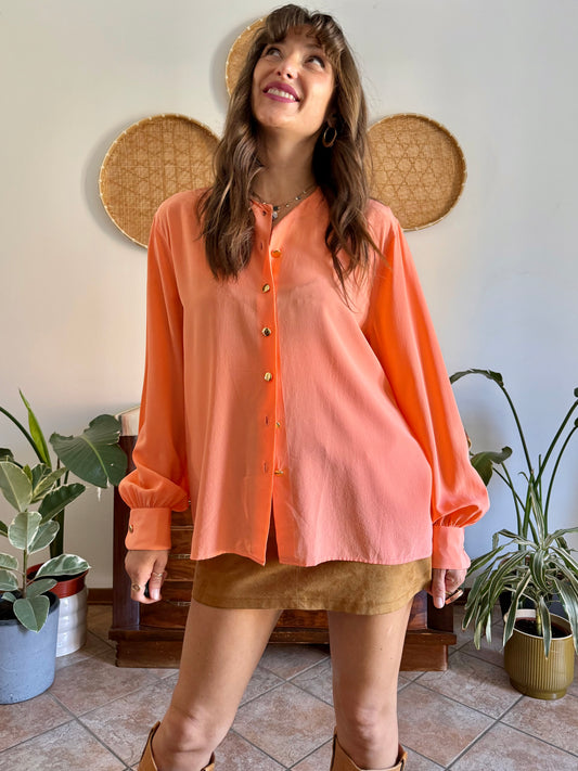1970's vintage coral silk blouse with gold metal buttons