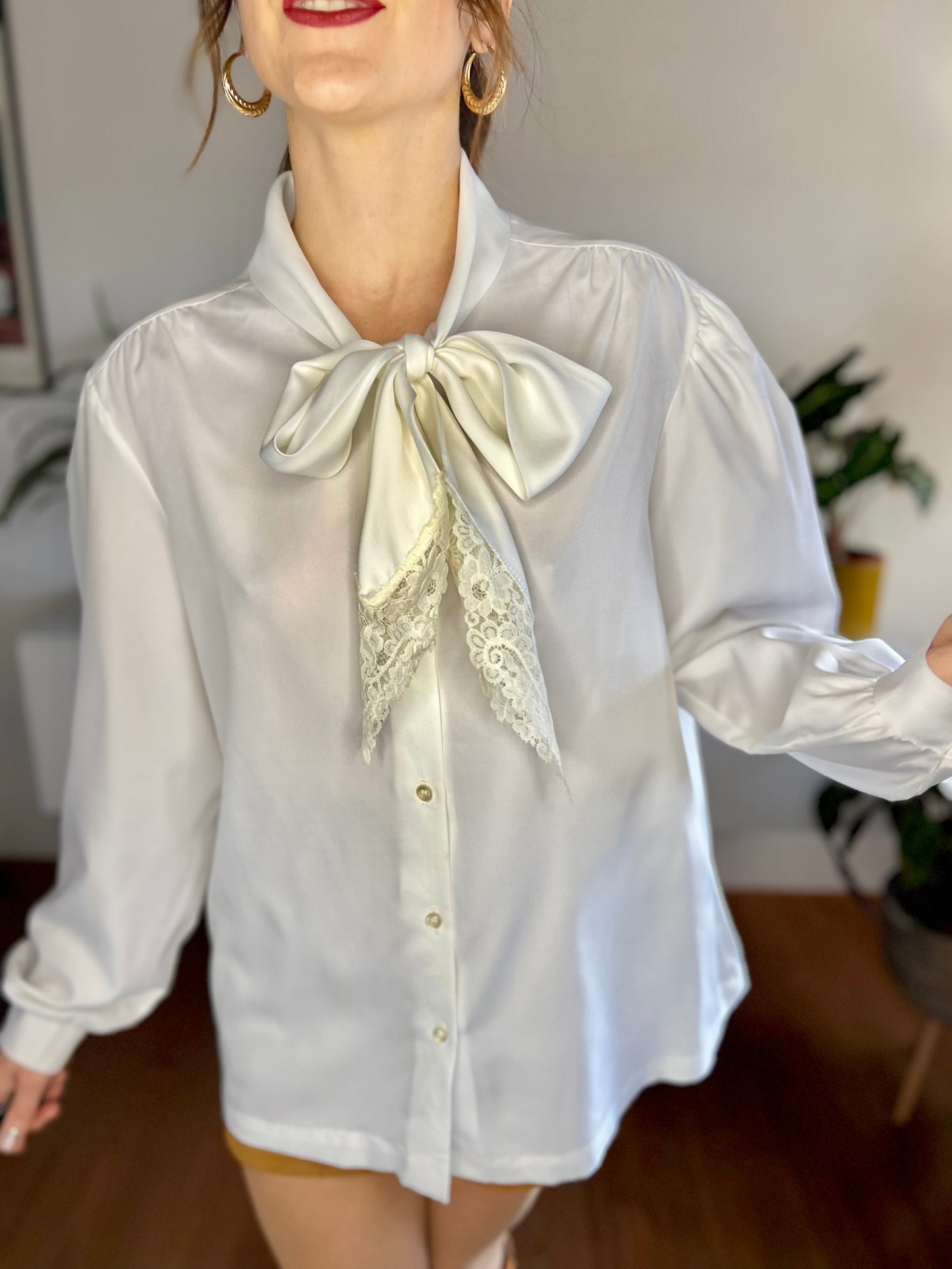 1970's vintage cream bow tie blouse with lace trim