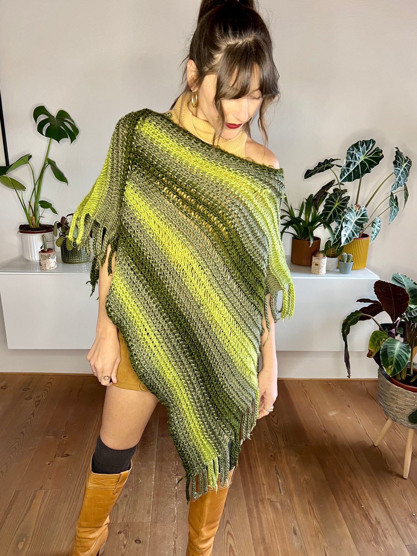 1970's vintage wool multitonal green stripe knit poncho with fringe details