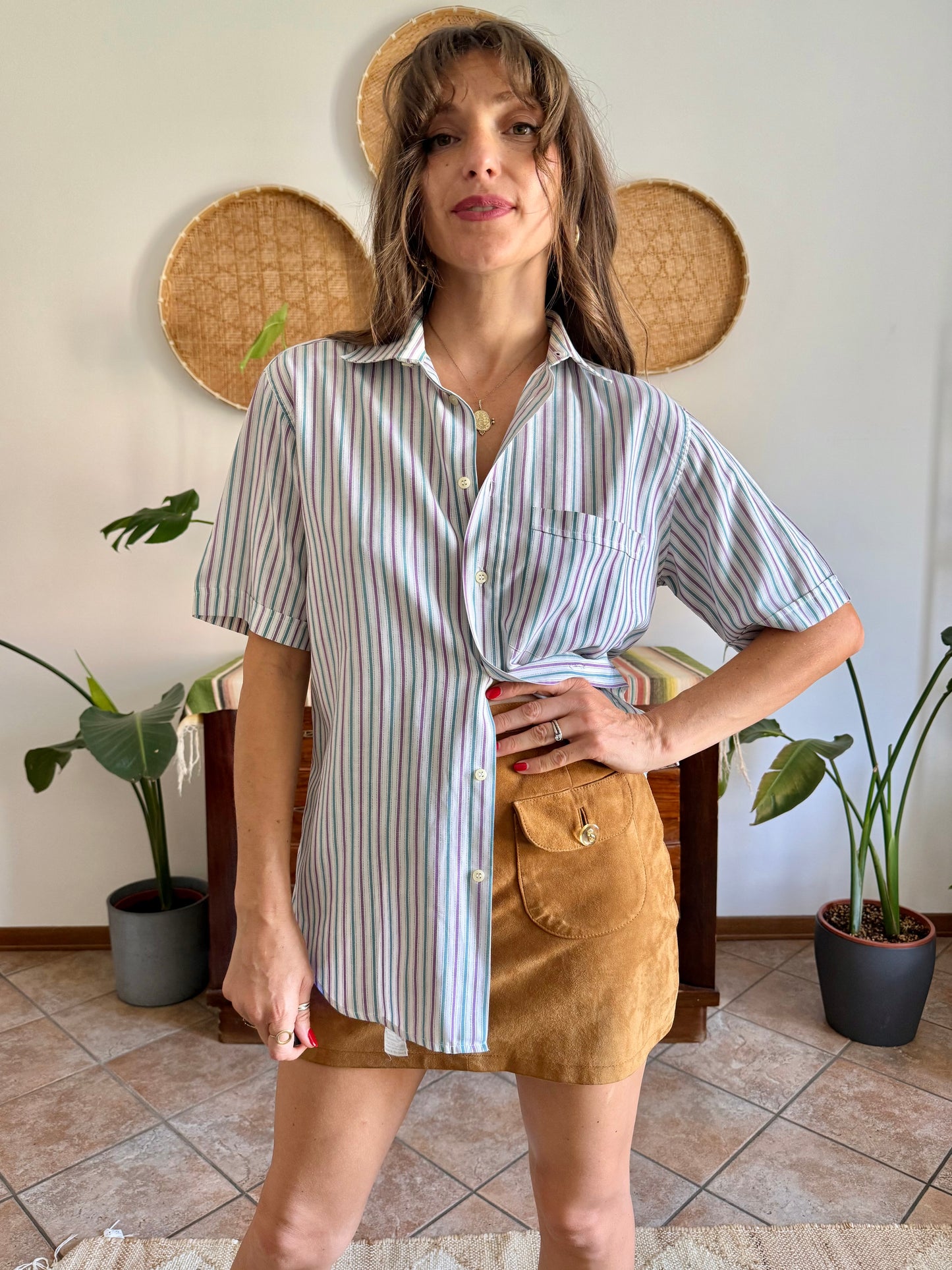 1970’s vintage lavender, turquoise and cream vertical stripe shirt