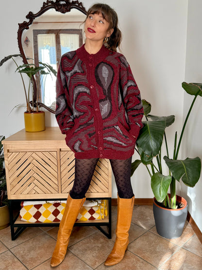 1970’s vintage burgundy, grey and black knit dress