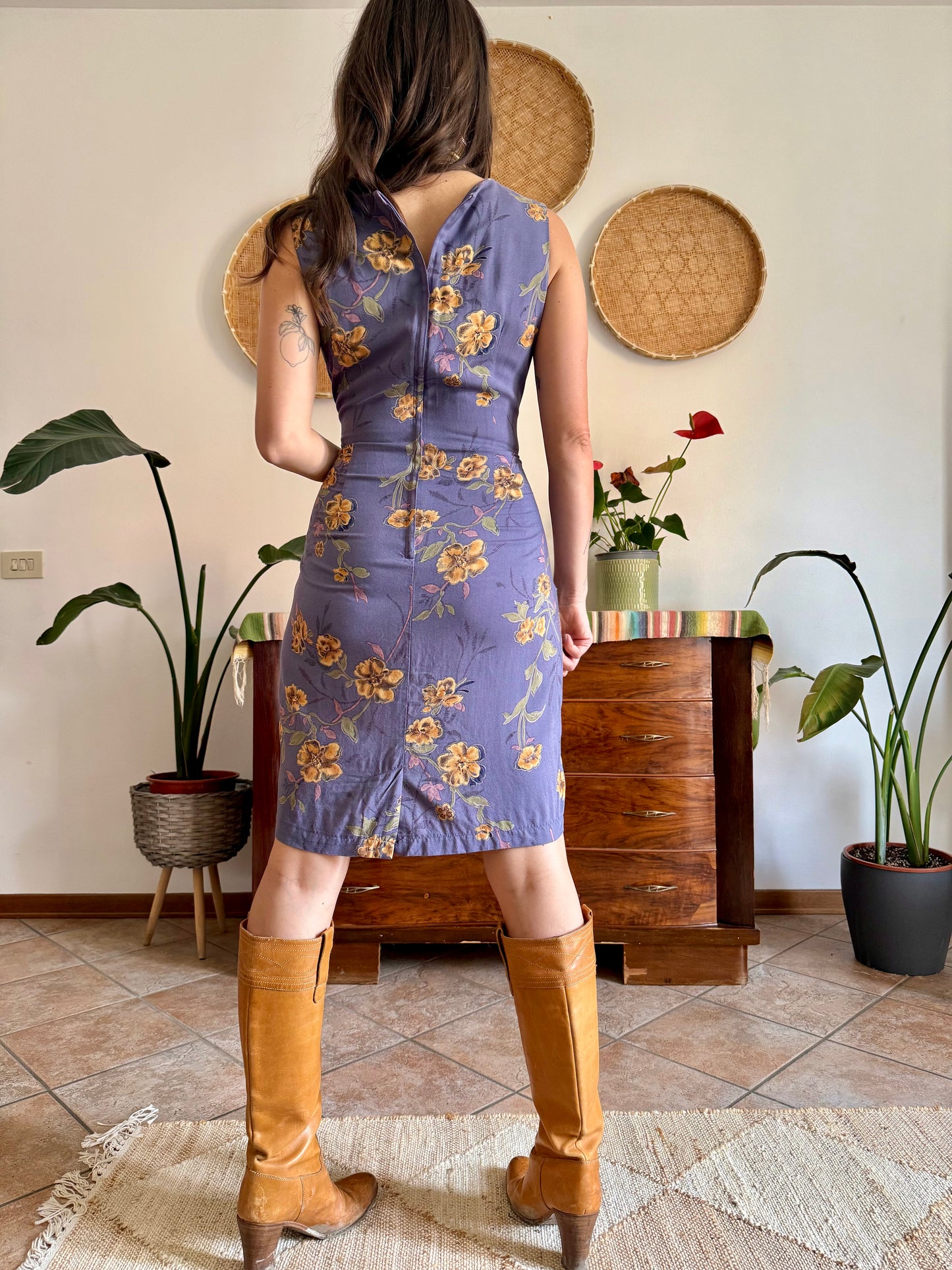 1990’s vintage purple midi shift dress with yellow and orange floral pattern