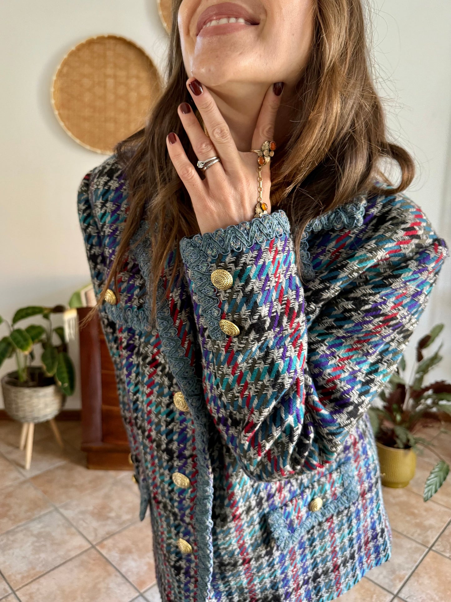 1970's vintage oversize wool blue, turquoise, and grey houndstooth plaid coat