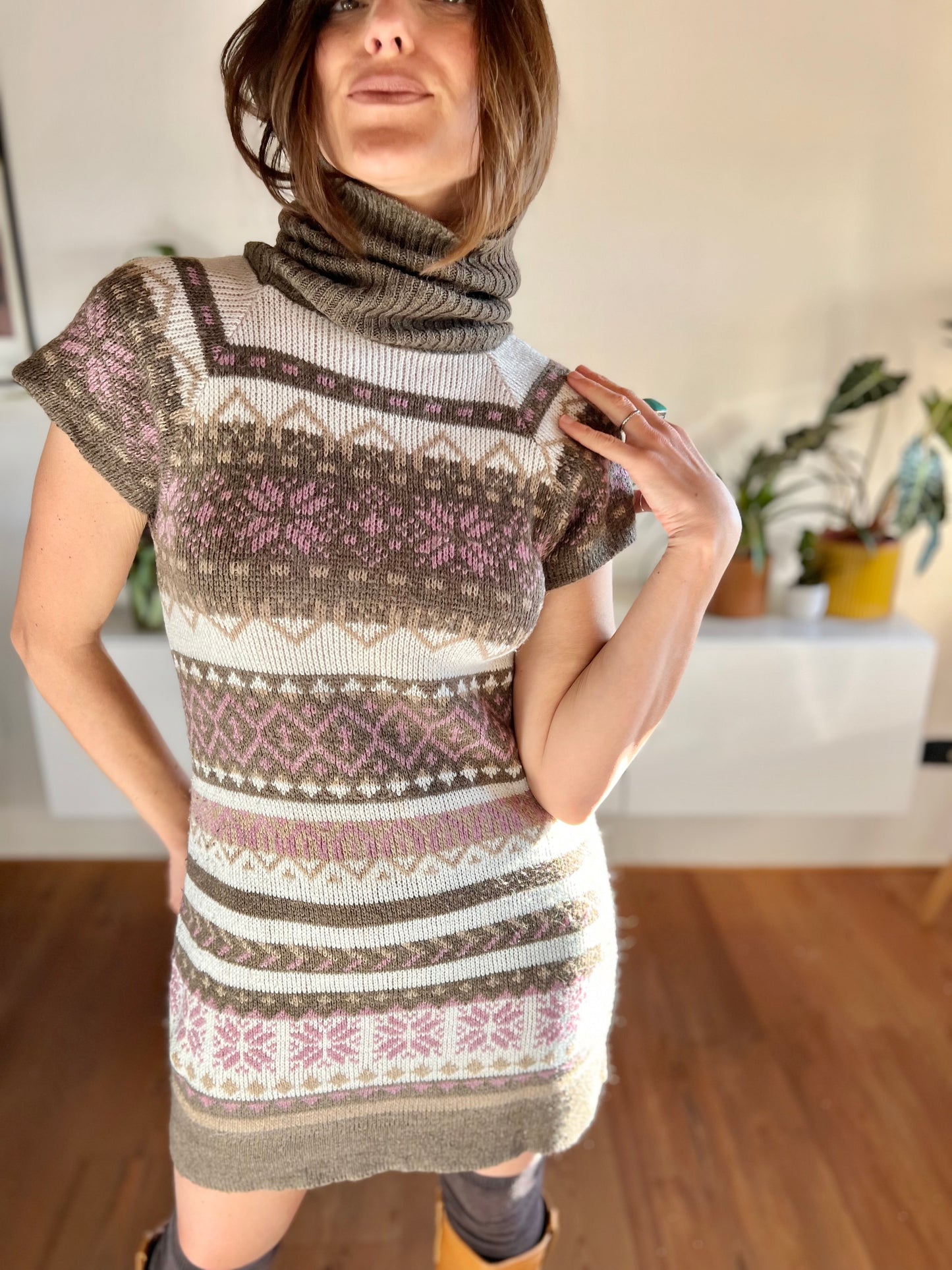 1990's vintage pink and brown geometric knit turtleneck mini dress