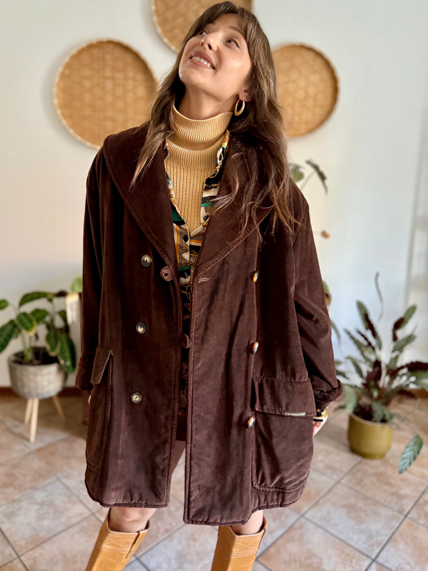 1970's vintage chocolate brown velvet peacoat