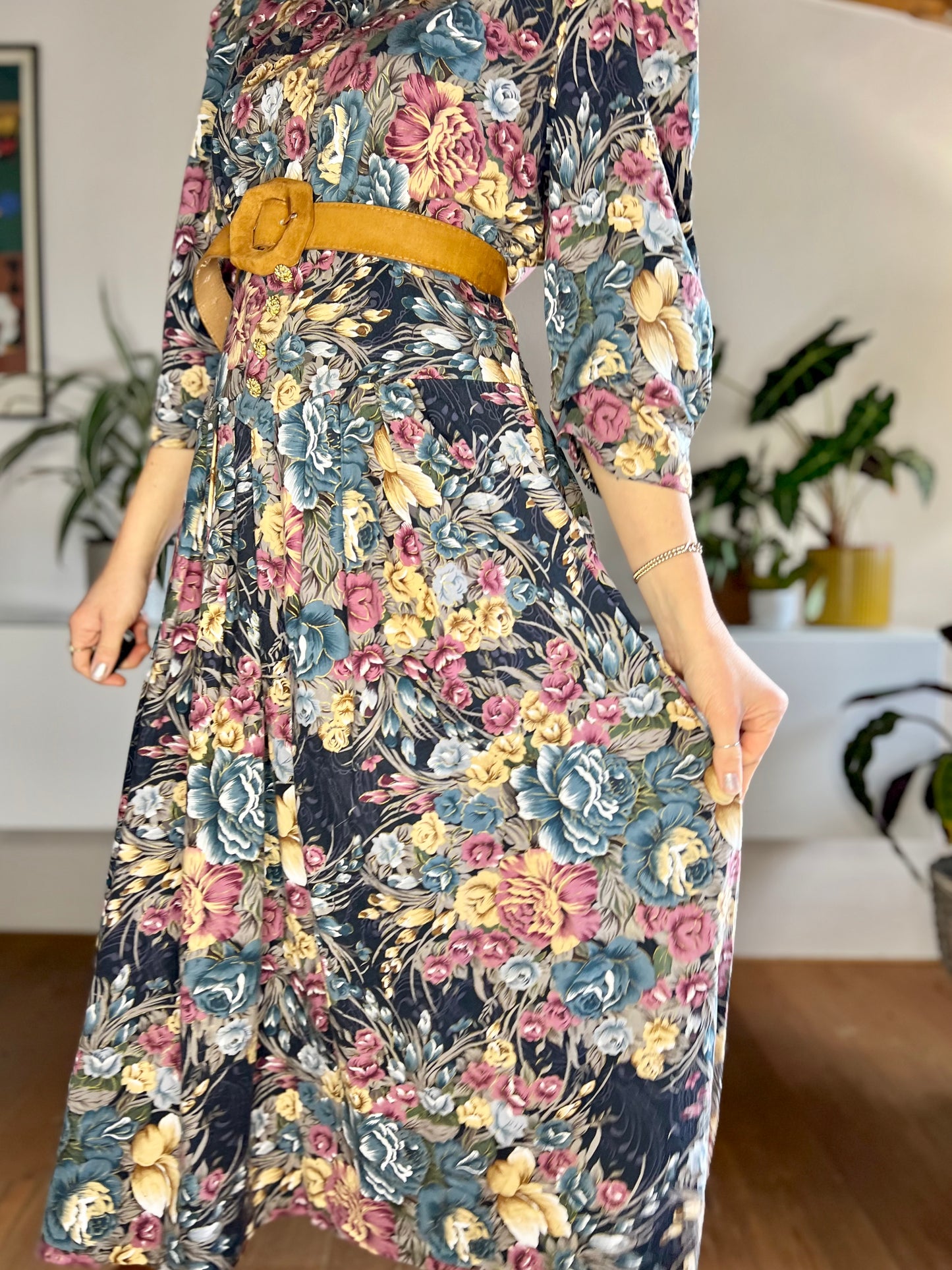 1970's vintage blue and rose coloured floral maxi dress