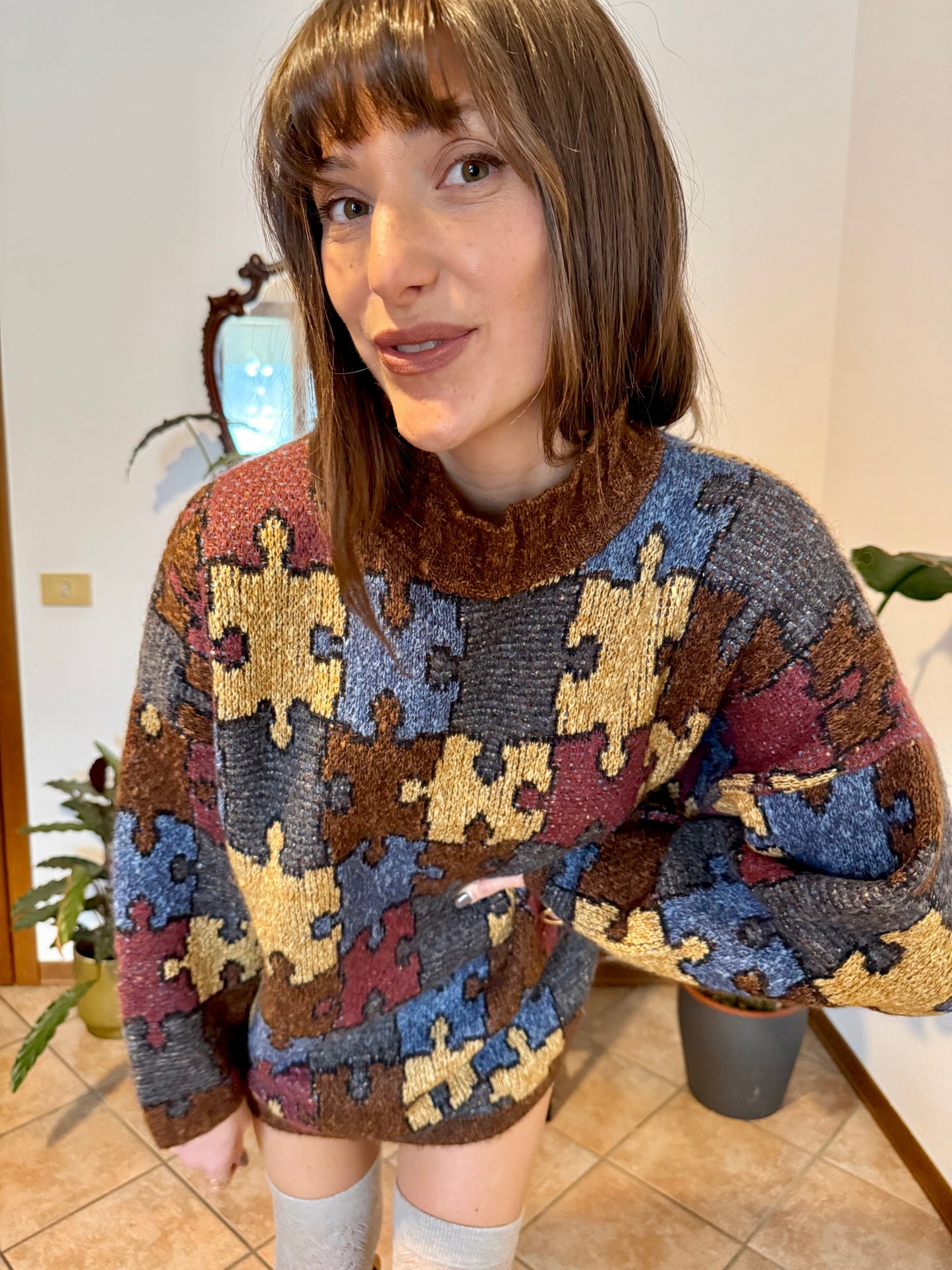 1970's vintage chocolate brown, yellow, blue and burgundy puzzle pattern knit wool pullover