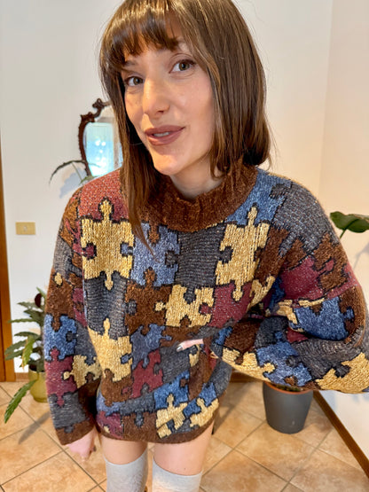 1970's vintage chocolate brown, yellow, blue and burgundy puzzle pattern knit wool pullover