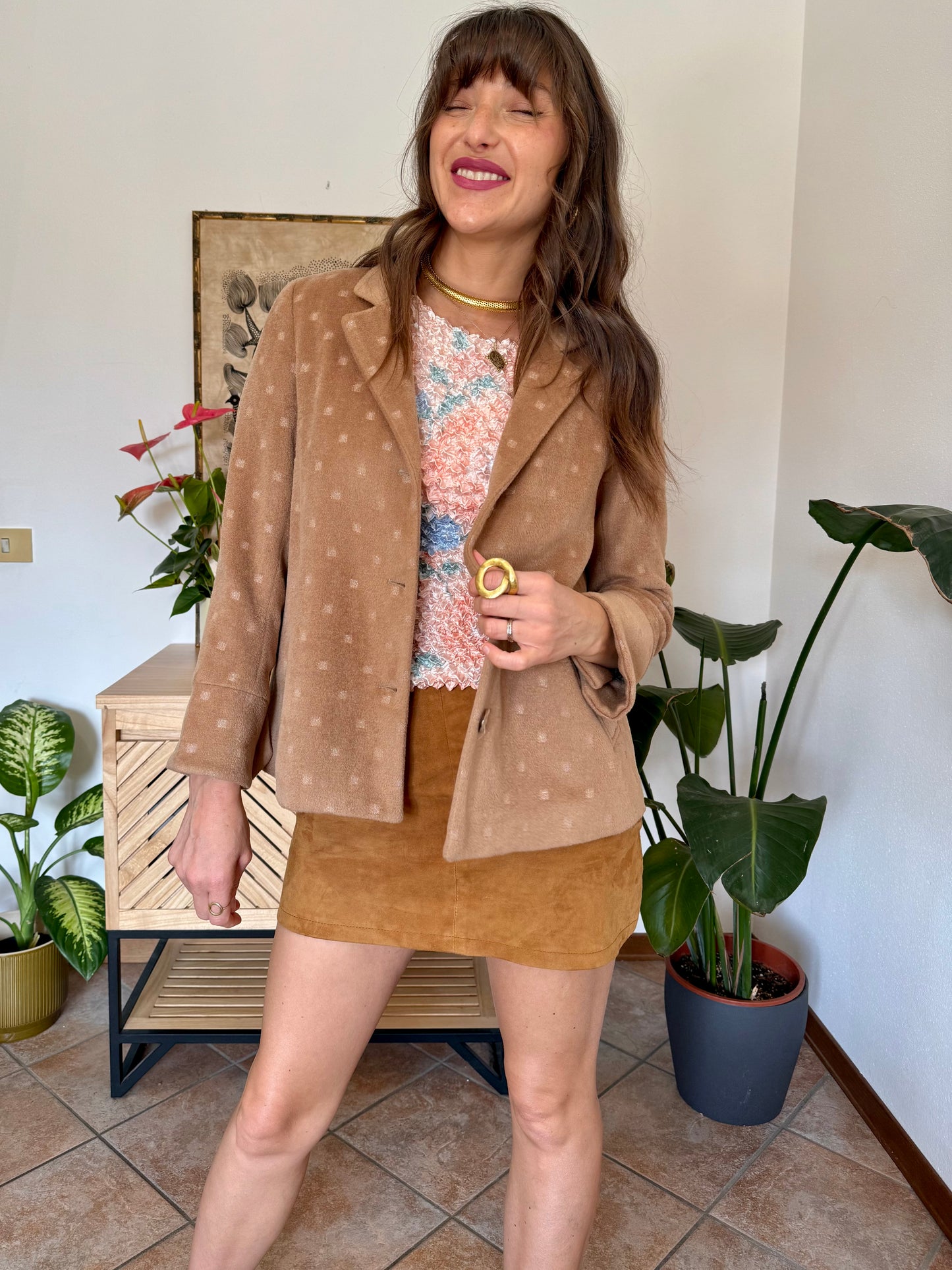 1990’s vintage tan cashmere jacket with metallic square woven pattern