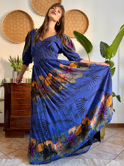 1960’s vintage blue floral silk evening gown with matching scarf and belt
