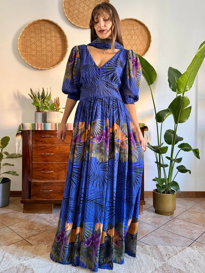 1960’s vintage blue floral silk evening gown with matching scarf and belt