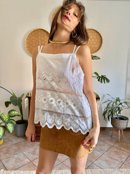 1970's vintage white crocheted and embroidered floral cotton top