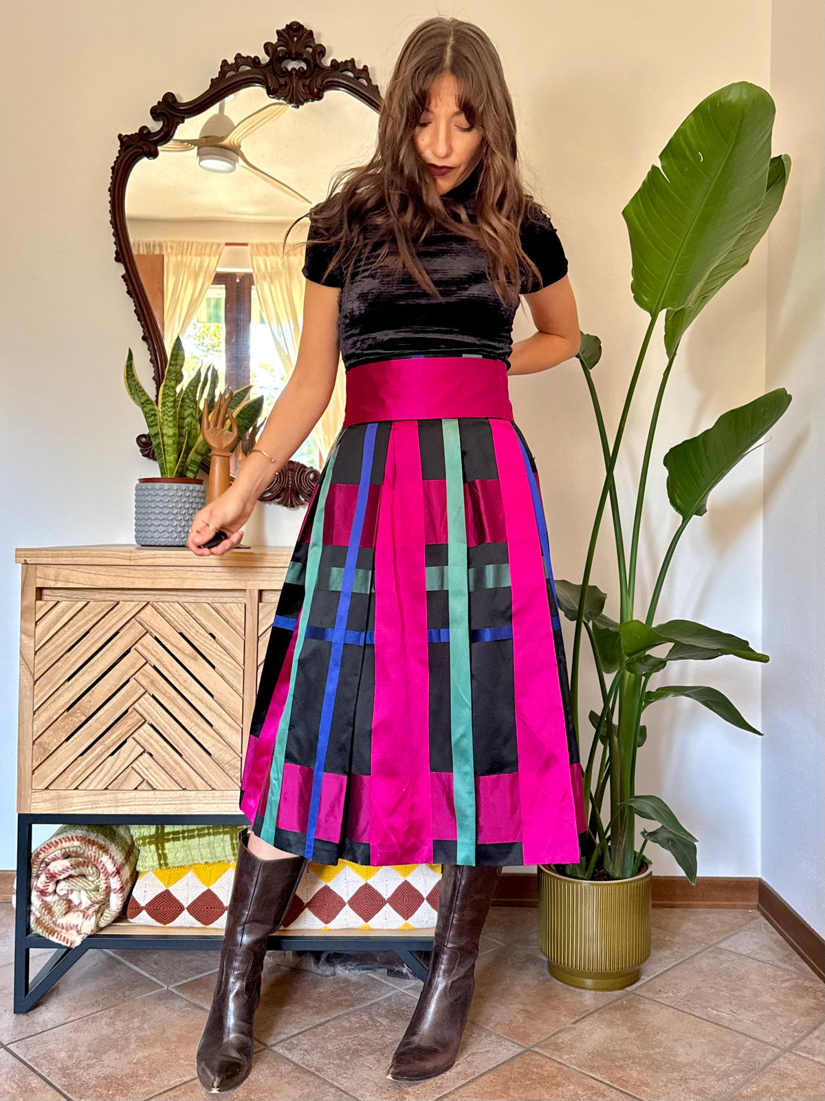 1970’s vintage black, fuchsia,green and blue plaid satin midi skirt