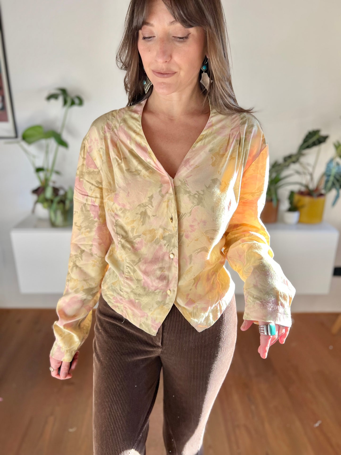 1970's vintage pink and green watercolour effect floral blouse