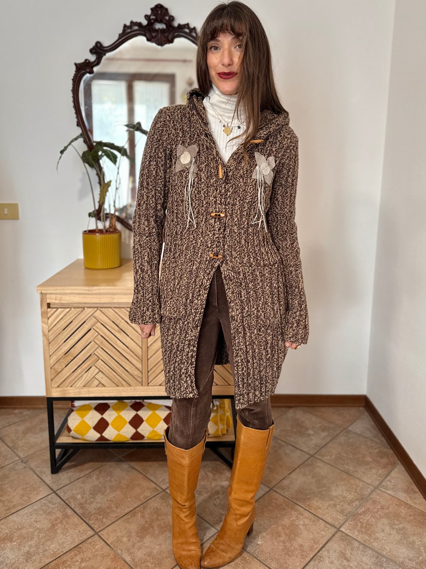 Y2K vintage chocolate brown and tan knit duster cardigan with suede flower details