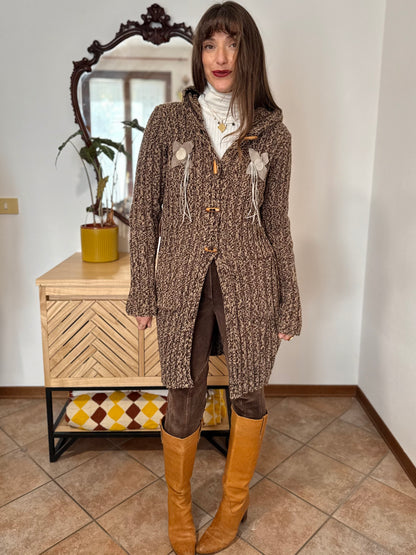 Y2K vintage chocolate brown and tan knit duster cardigan with suede flower details