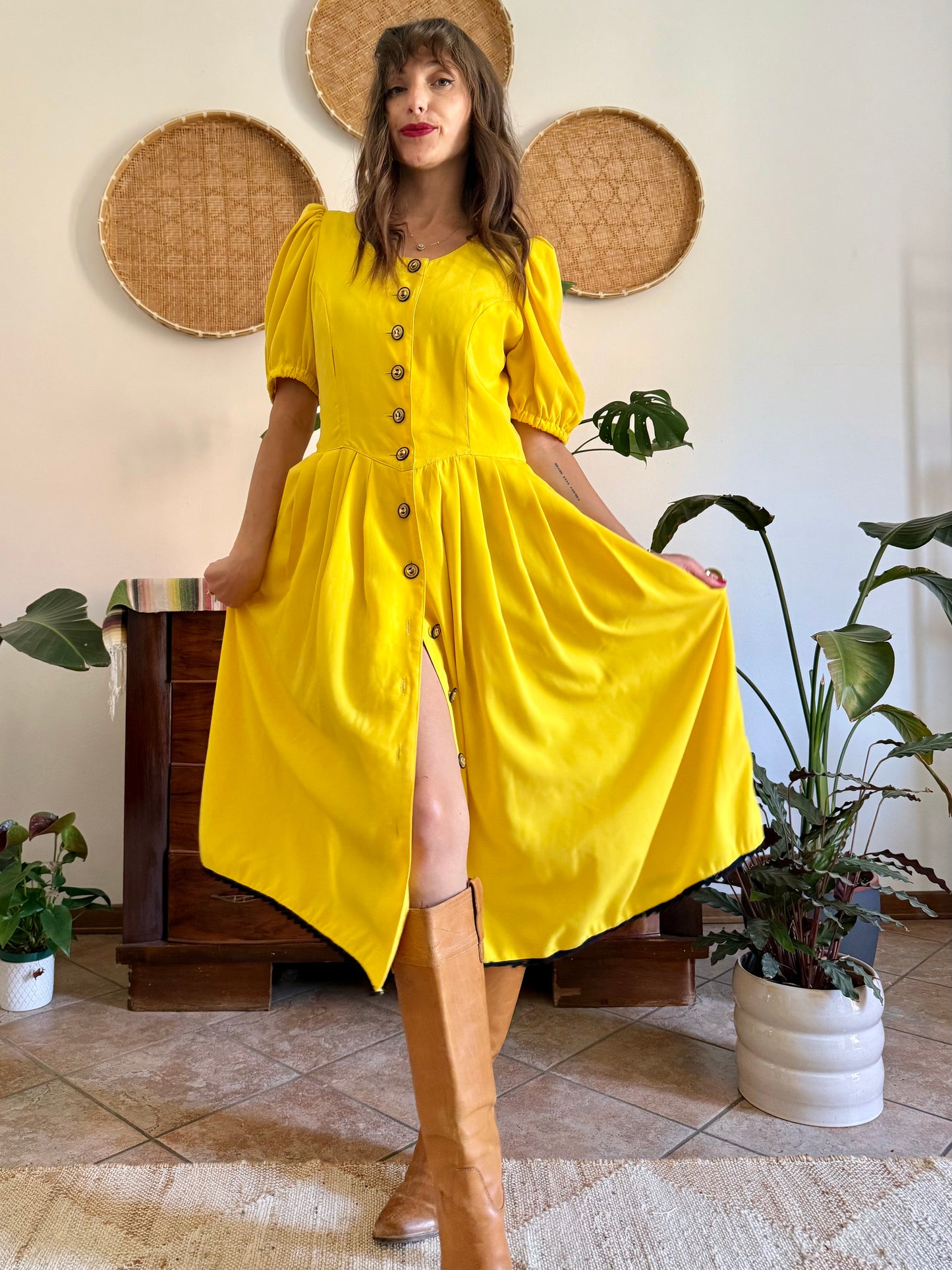 1960’s vintage canary yellow button down midi dress with black crochet detailing
