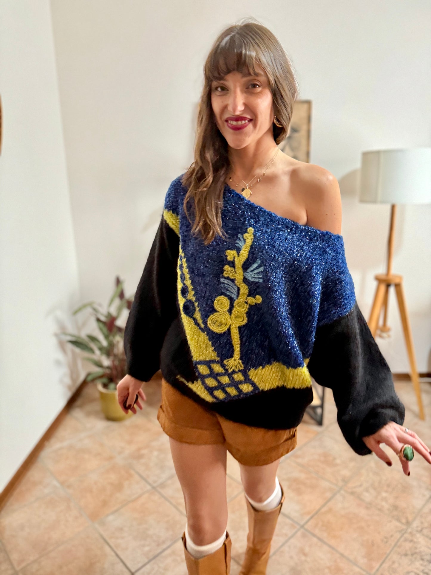 1980’s vintage blue, black and citron textured metallic pullover