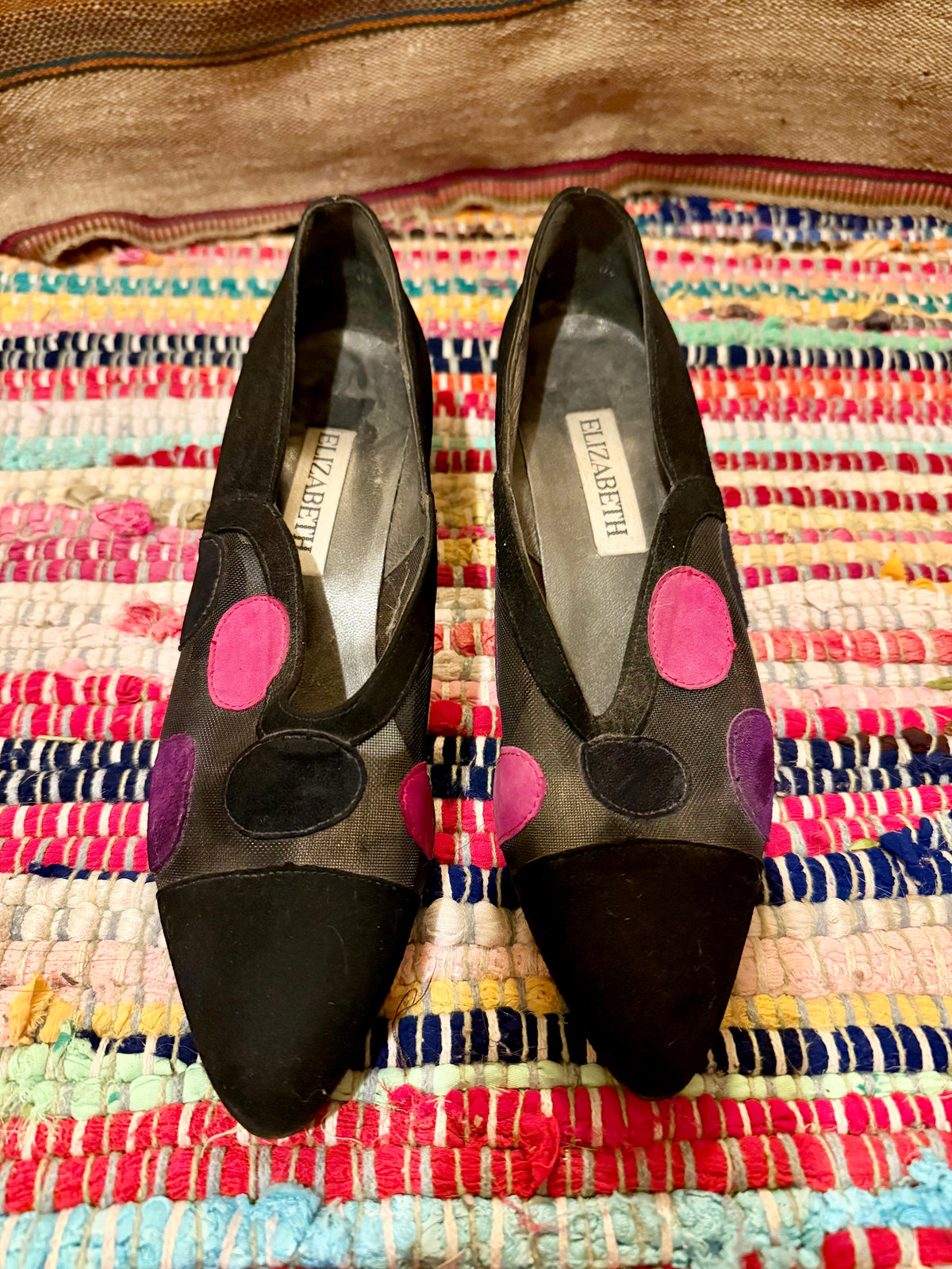 1960’s vintage black suede and mesh heels with polkadot detailing