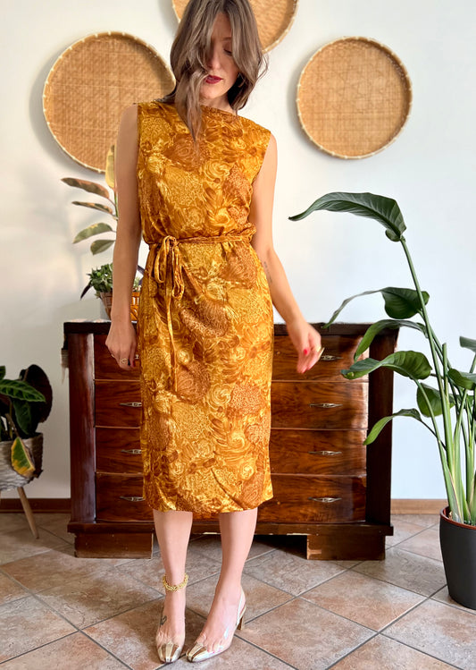 1960's vintage tan and mustard yellow floral print midi dress with cowl back