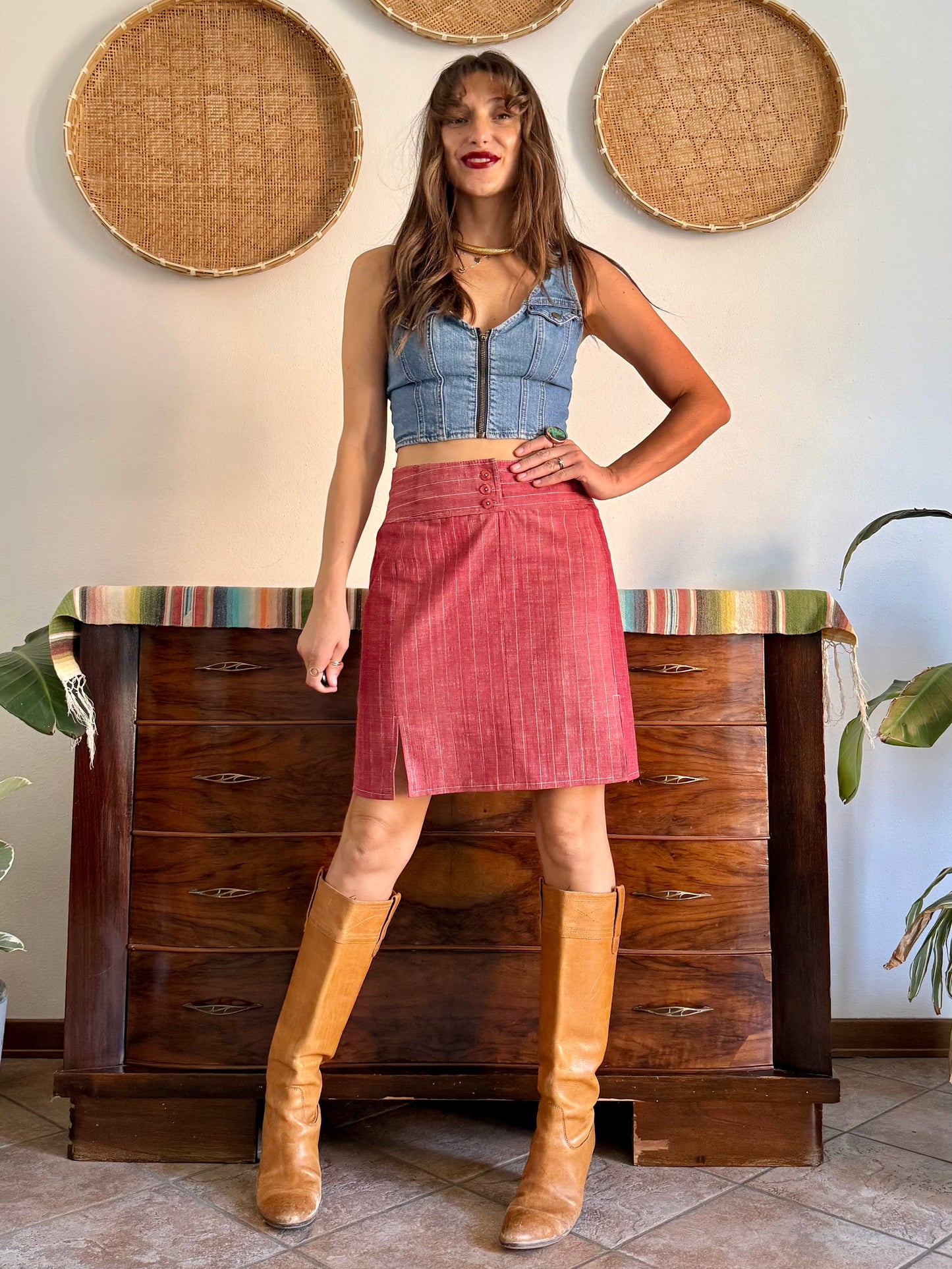 1990's vintage red and white pin stripe textured mini skirt