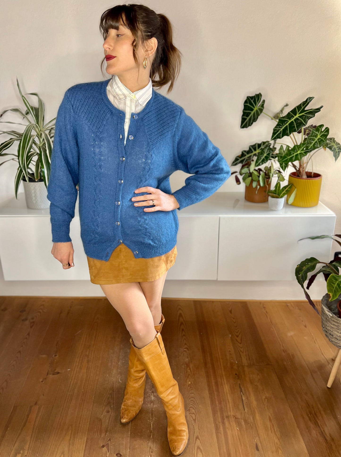 1970's vintage mahair blend blue knit cardigan