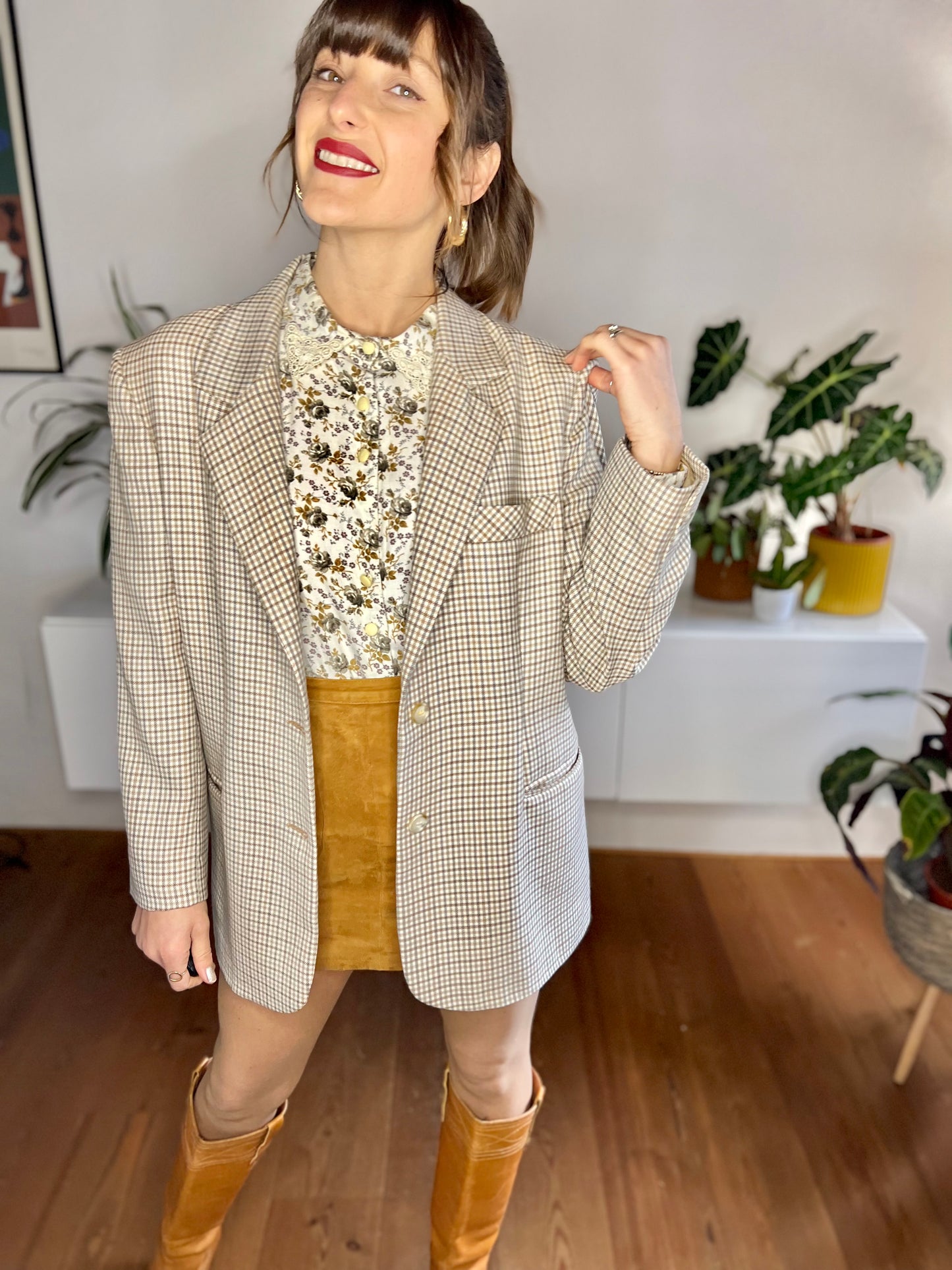 1970's vintage cream, blue and tan oversize plaid wool blazer