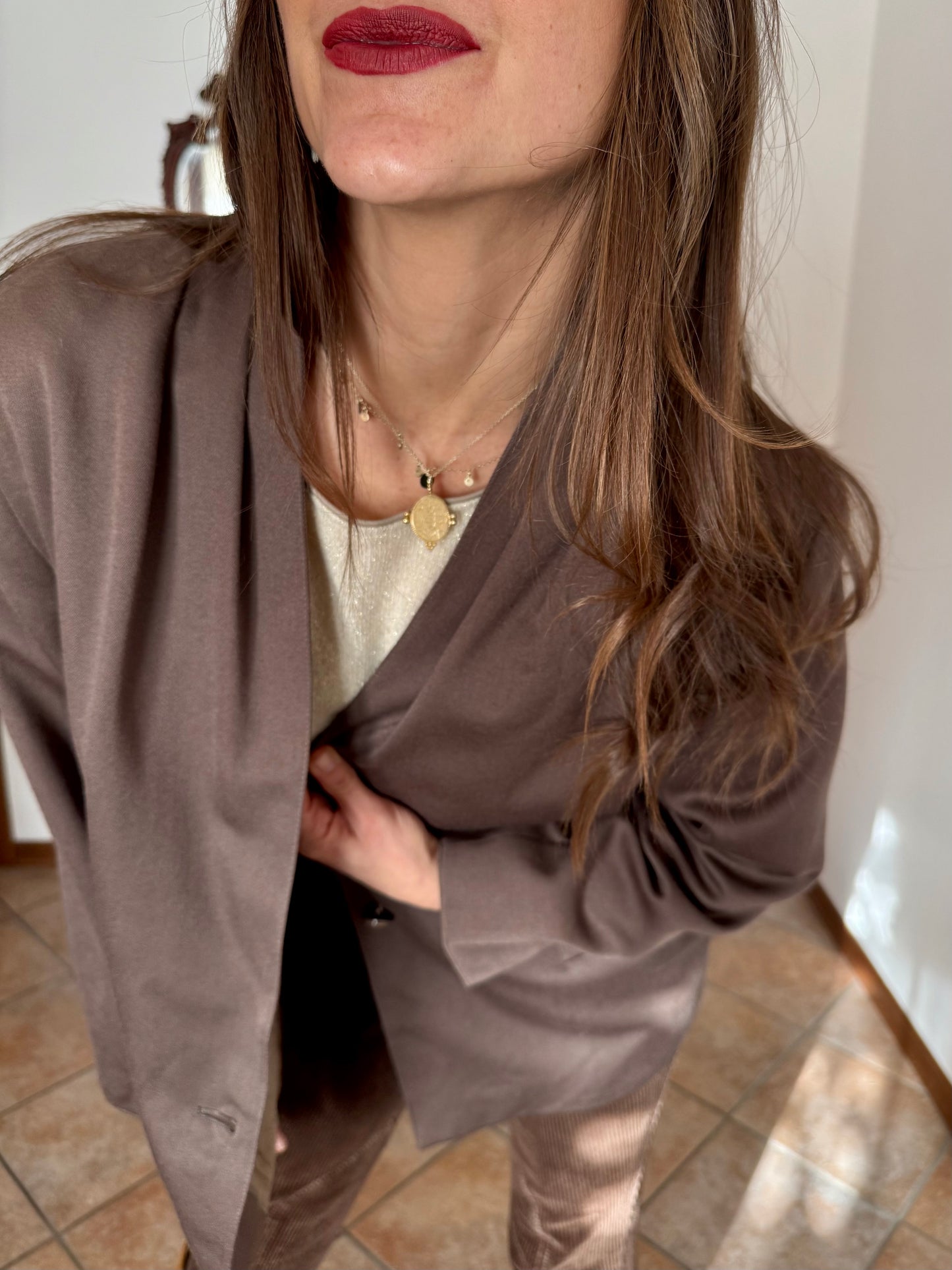 1970's vintage dark khaki brown oversize blazer with pleated shoulder details