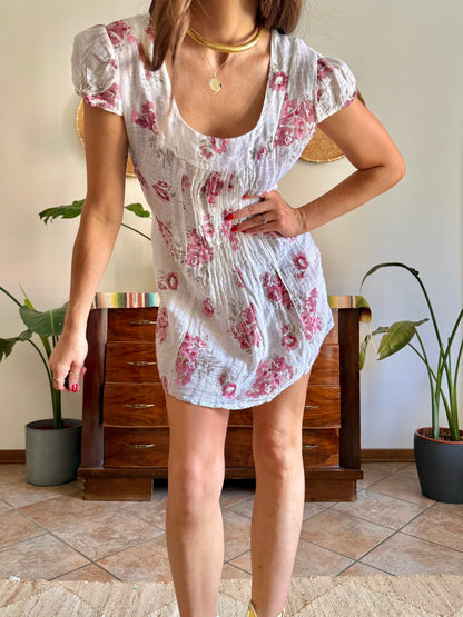 1990’s vintage white linen mini dress with floral print