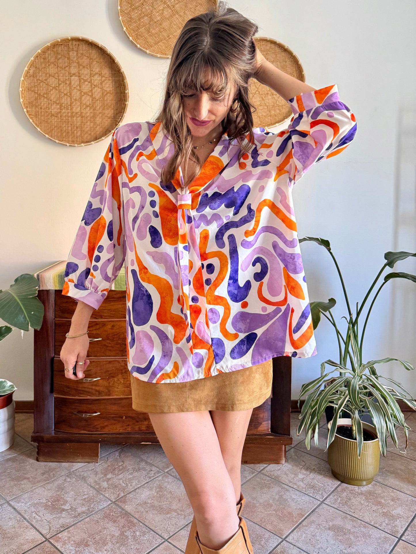 1970's vintage purple, orange and cream abstract print tie neck blouse