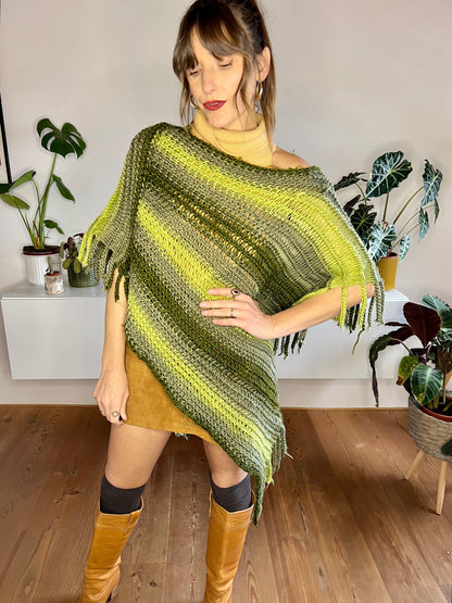 1970's vintage wool multitonal green stripe knit poncho with fringe details