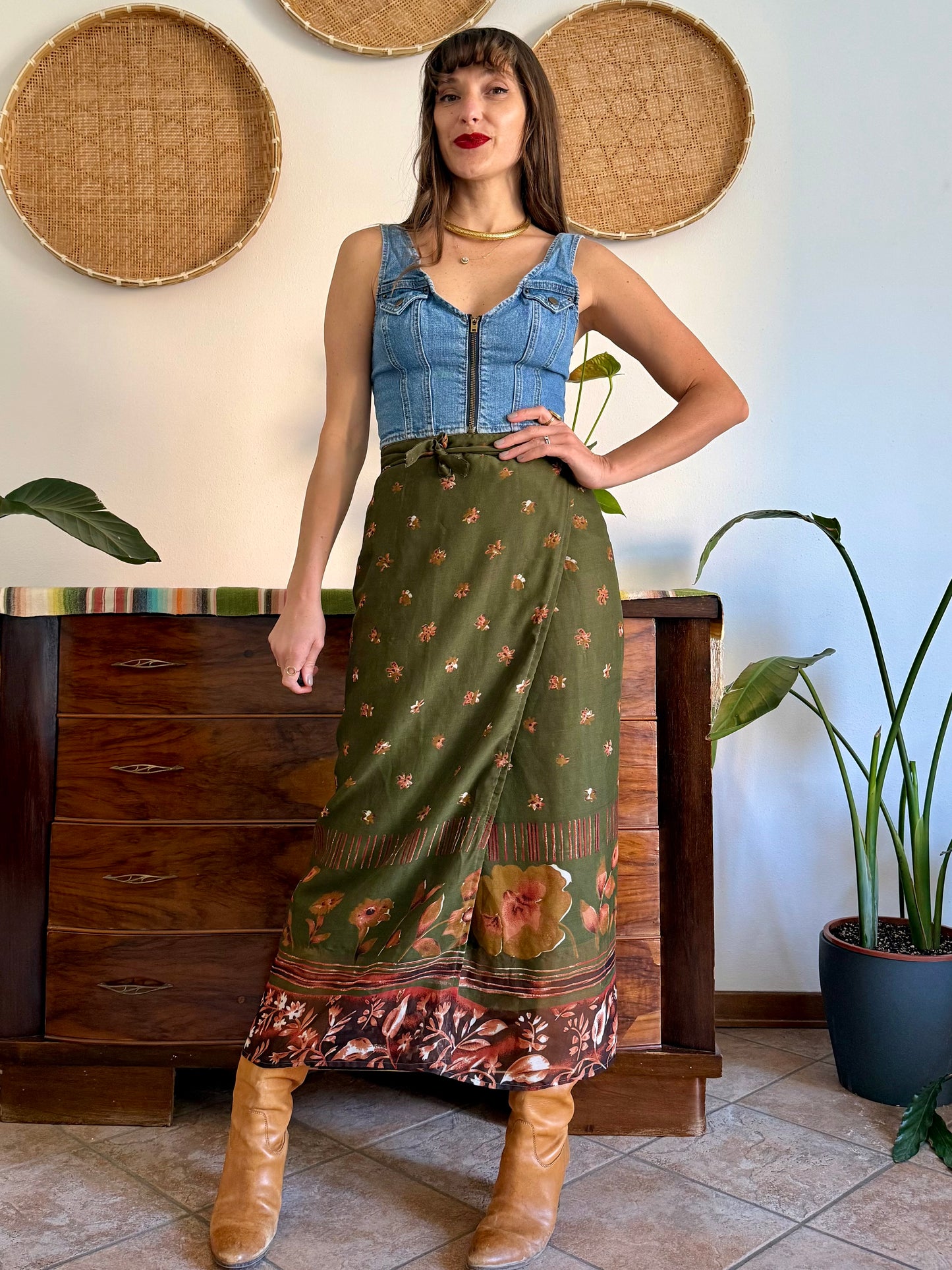 1990's vintage olive green, brown and dark orange floral wrap maxi skirt