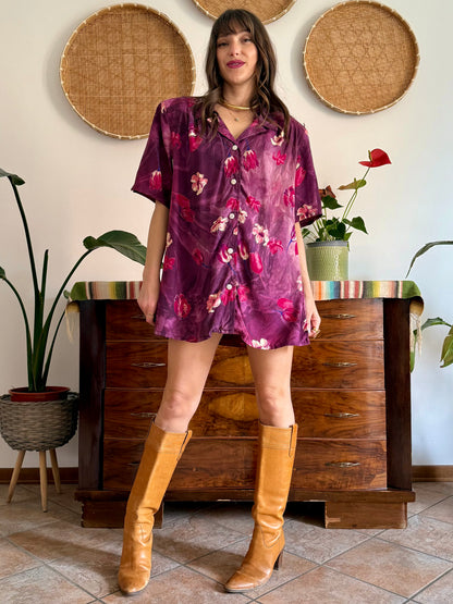 1980’s vintage fucsia and purple multi tonal floral shirt dress