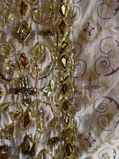 1970's vintage lilac midi dress with gold and purple geometric pattern and glass bead detailing