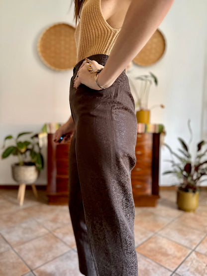 1970's vintage chocolate brown floral print tailored trousers