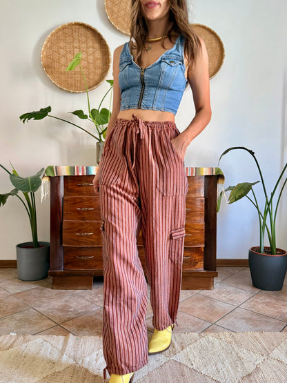 1990’s vintage chocolate brown and pink stripe woven wide leg trousers