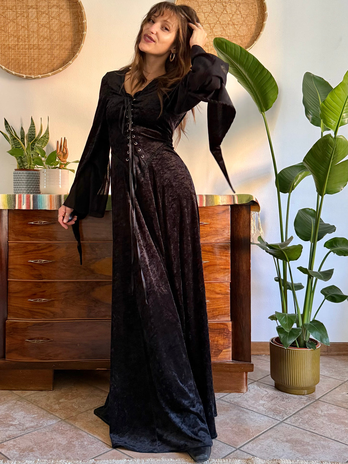 1990’s vintage black lace up bodice gothic velvet maxi dress with bell sleeves