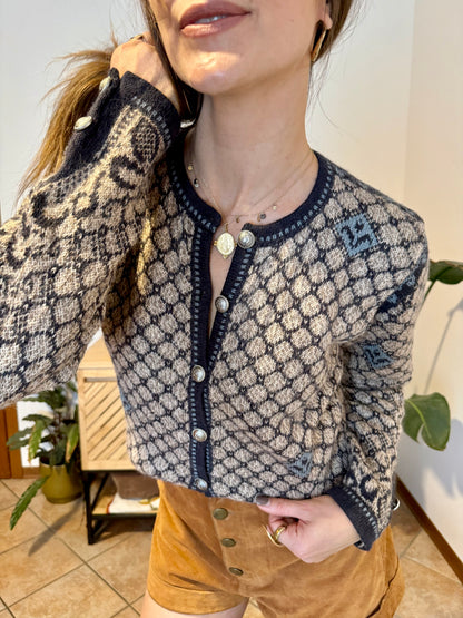 1990's vintage grey and beige alpaca knit cardigan with turquoise geometric pattern