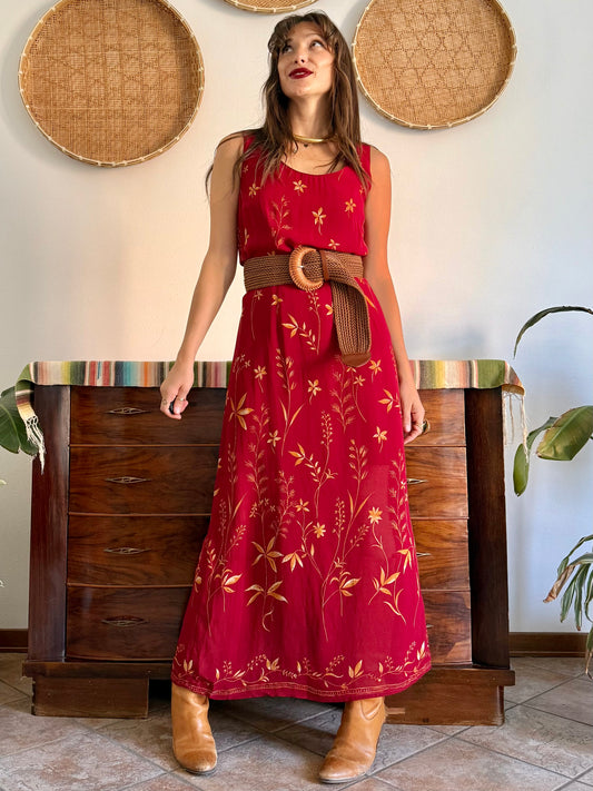 1990's vintage burgundy maxi dress with yellow floral pattern