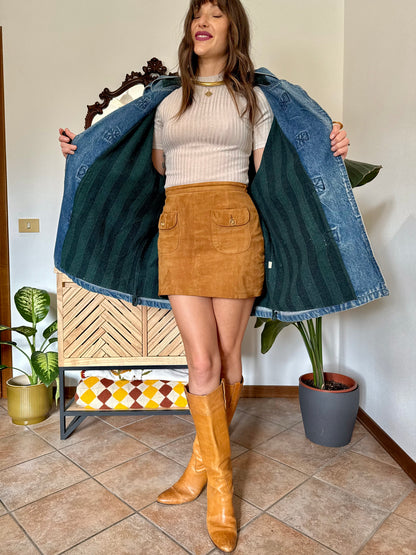 1990’s vintage denim duffle coat with green and navy plaid lining