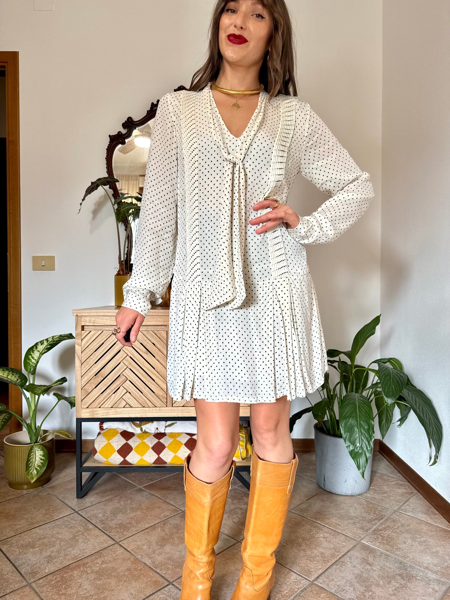 1990’s vintage cream pleated mini dress with black polkadots and bow tie neck