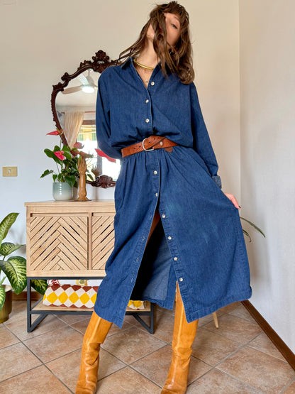 1970's vintage dark blue denim maxi dress