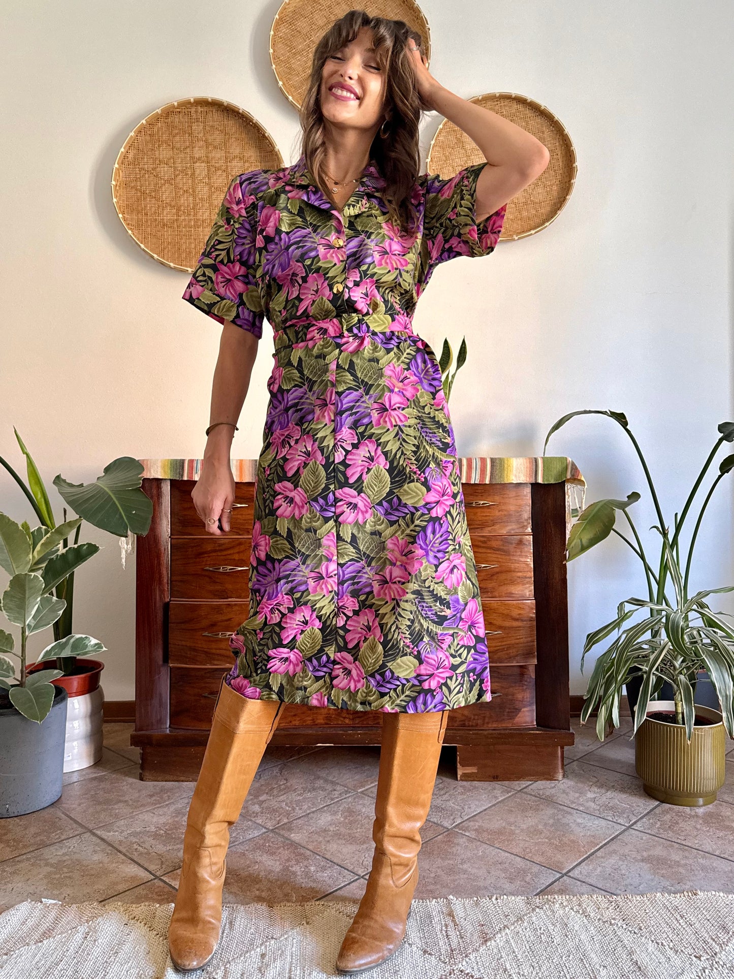 1960’s vintage, pink purple and green floral midi dress with matching belt
