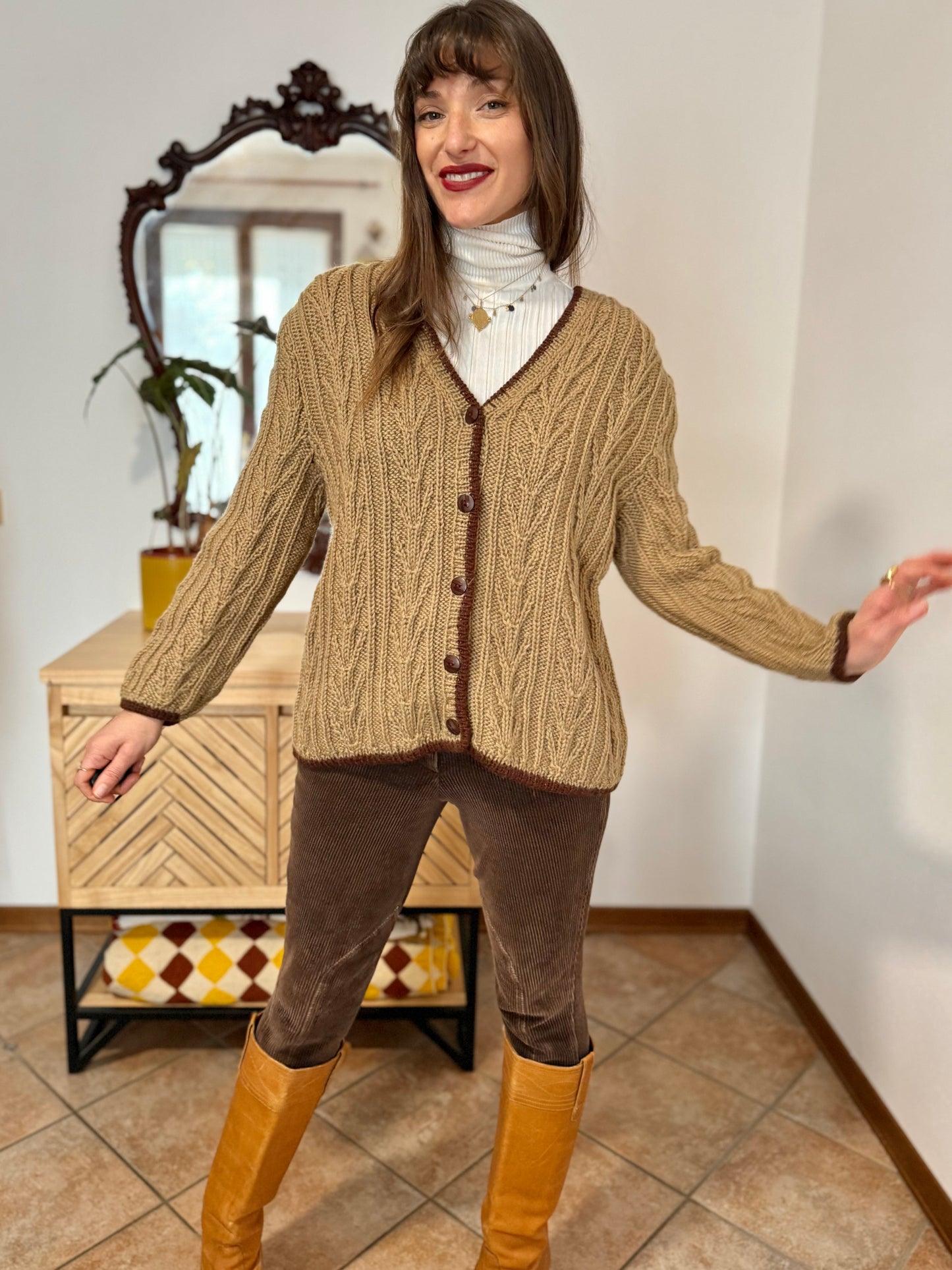 1970’s vintage tan hand knit wool cardigan with chocolate brown stitch trimming