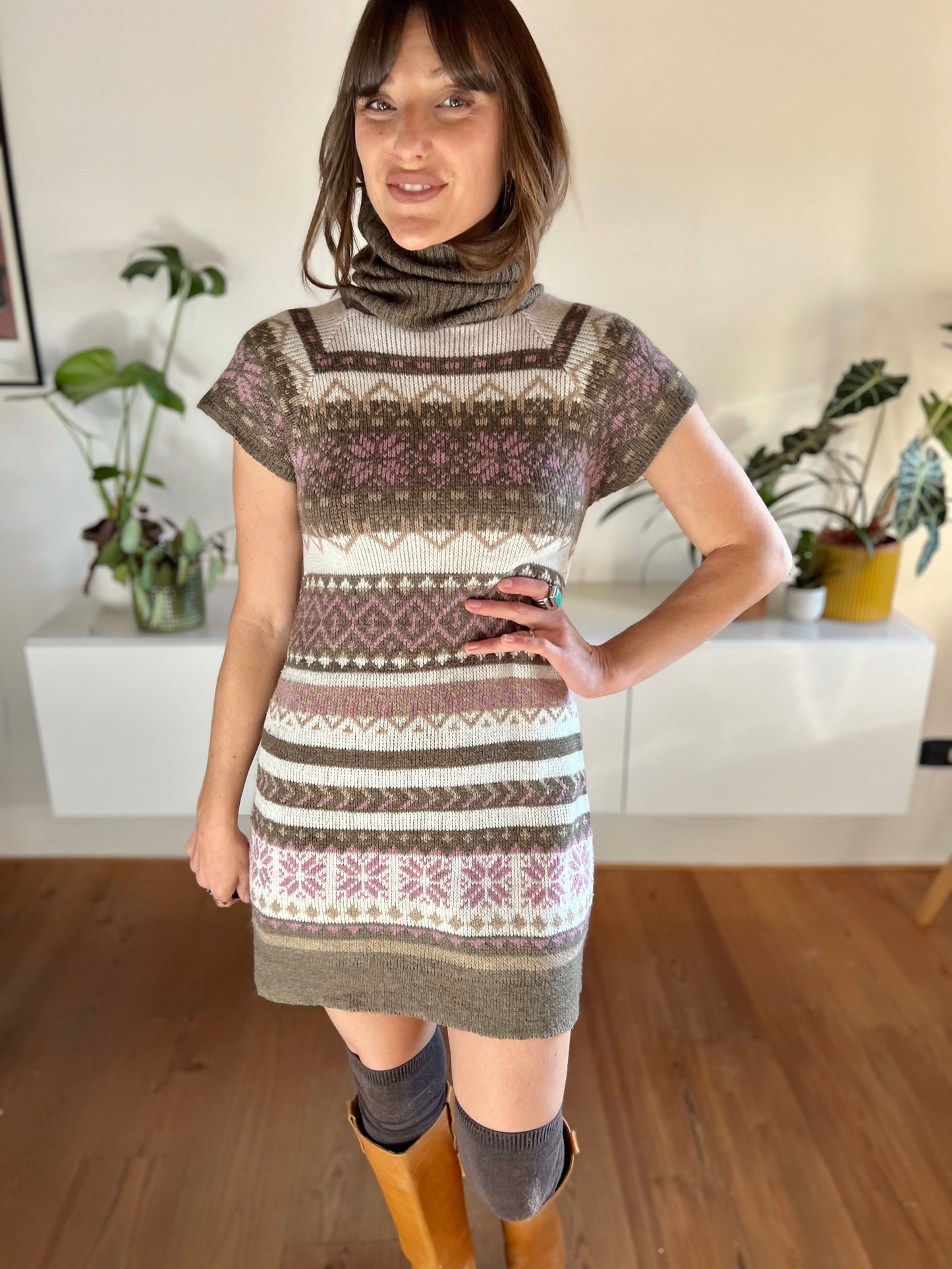 1990's vintage pink and brown geometric knit turtleneck mini dress