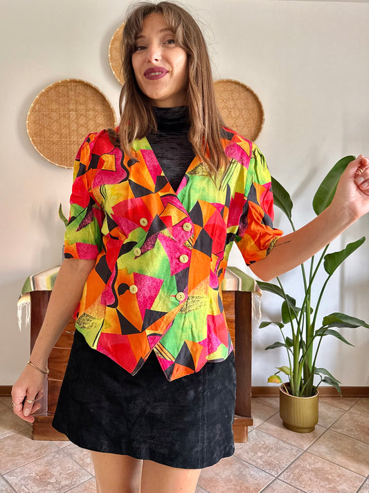 1980’s vintage multicolour neon geometric print blouse